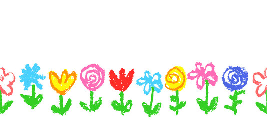 Floral simple seamless pattern, border, header or frame. Like kid`s hand drawn crayon multicolor cute flowers. Pastel chalk or pencil artistic doodle stroke vector summer banner background.