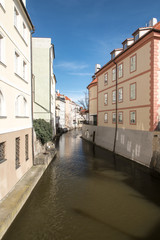 Fototapeta na wymiar Cerovka stream with houses around and blue sky in Praha city in Czech republic