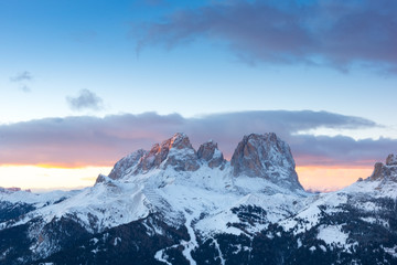 The sunset above Sassolungo and Col Rodella, Canazei, Italy