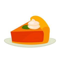 a piece of pumpkin traditional pie with a creamy cream for Thanksgiving. flat vector illustration isolated