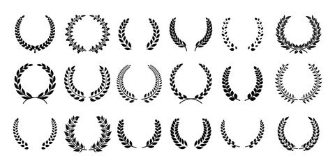 Silhouette laurel wreath. Greek olive branch, champion award emblems, leaves round prizes symbols. Vector illustration black laurels wreath