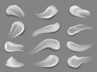 Cream smears. White cosmetic lotion isolated drops, creamy body gel, skin care facial cream. Vector cosmetic moisturizing blob set