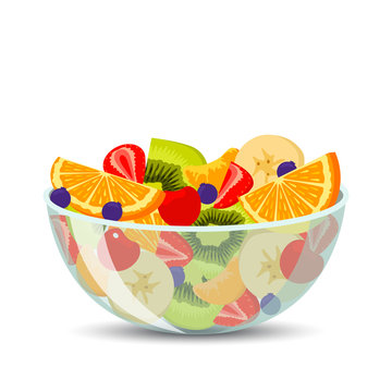 Fresh fruit salad in a transparent bowl isolated on background. The concept of healthy and sports nutrition. Vector illustration