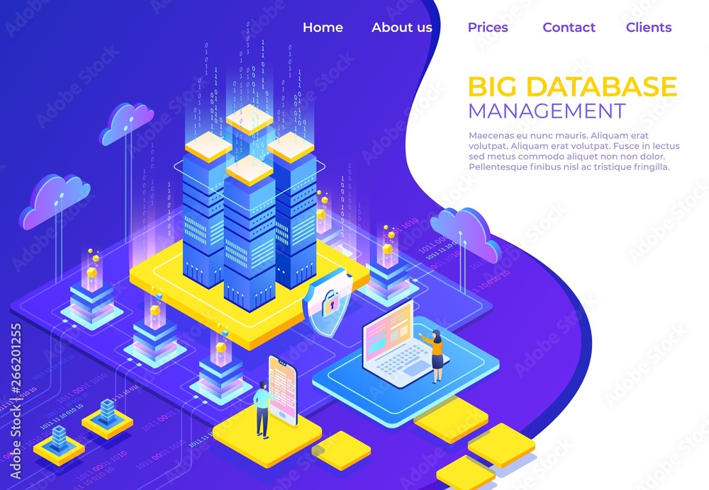 Aufkleber Database isometric concept. Server business technology landing page, business infographic web page. Vector illustration isometric background online support