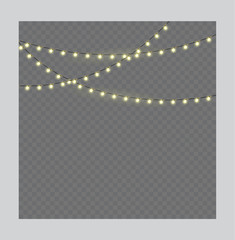 Christmas Lights on Rope isolated on a transparent background. Christmas glowing garland. Vector. Luminous lights for Xmas holidays