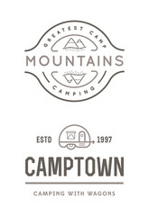 Set of Summer camp badges with design element. Vector. Vintage design with rv trailer and Mountains.