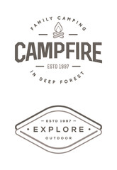 Set of camp logo with campfire. Explore wilderness. Vector illustration.