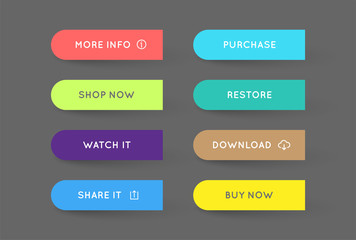 Set of Vector Modern Gradient App or Game Buttons. Trendy gradient colors with shadows.