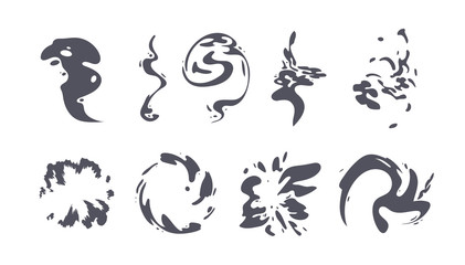 Special Effects Template Vector Smoke Set. Cartoon steam clouds, puff, mist, fog, watery vapour or dust explosion 2D VFX illustration.