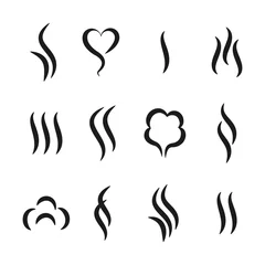 Fotobehang Aroma steam icons. Warm vapour and cooking smell abstract symbols, aroma water and oil odor. Vector tea and coffee smell black logos set © SpicyTruffel