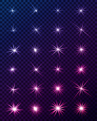 Set of Glowing light effects. Sparkles. Shining stars, bright flashes of lights with a radiating. Transparent light effects in vector.