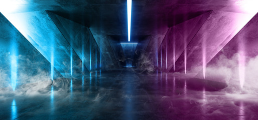 Smoke Laser Fluorescent Retro Sci Fi Futuristic Neon Glowing Purple Blue Cyber Luminous Vibrant Lights In Dark Empty Stage Show Underground Garage Room Hall Corridor Grunge Concrete 3D Rendering