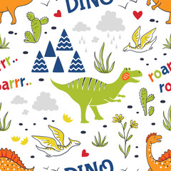 Doodle dinosaur pattern. Seamless fabric print, trendy hand drawn textile design, cute childish dragons. Vector childish decorative background © SpicyTruffel