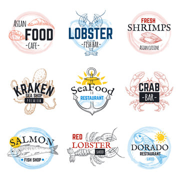 Seafood sketch logos. Vintage hand drawn marine labels, salmon tuna squid and octopus emblem design. Vector herrings ocean food sticker set