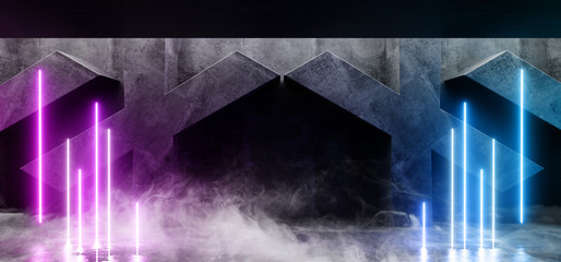 Smoke Dark Vibrant Lines Neon Retro Fluorescent Laser Virtual Reality Purple Blue Glowing Lights On Concrete Grunge X Shaped Room Hall Corridor Glossy Sci Fi Futuristic Modern 3D Rendering