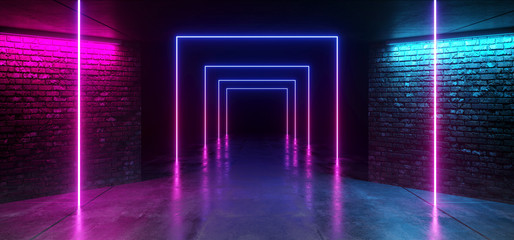 Concrete Grunge Brick Corridor Tunnel Dark Hall Reflective Neon Glowing Sci Fi Futuristic Modern  Path Purple Blue Vibrant Rectangle Shapes Gate Stage Show Laser 3D Rendering