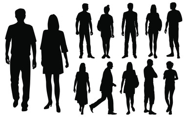Vector silhouettes men and women standing, business  people group,  black color, isolated on white background