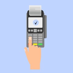 Hand inserting credit card to a POS terminal. Payment terminal . Flat design vector.