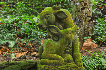 Ancient stone sculpture, Statue in Ubud Monkey Forest covered by moss, Bali, Indonesia