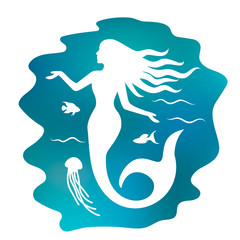 Silhouette of a beautiful mermaid with long hair under the water. flat vector illustration isolated