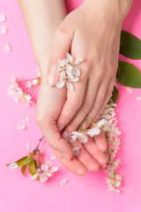 Tenderness woman hands with flowers on pink background