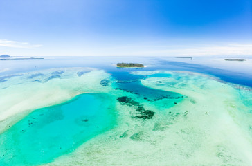 Aerial view Banyak Islands Sumatra tropical archipelago Indonesia, Aceh, coral reef white sand beach. Top travel tourist destination, best diving snorkeling.