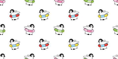 penguin Seamless pattern vector swimming ring pool scarf isolated cartoon tile background repeat wallpaper illustration doodle