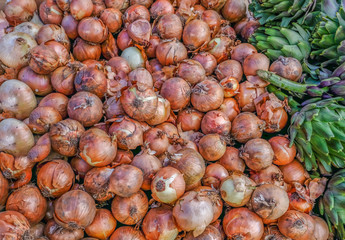 Shot full of onions with a few artichokes on the edge of the shot.