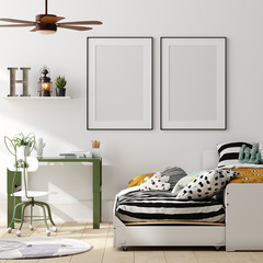 Mock up poster, wall in children bedroom interior background, Scandinavian style, 3D render