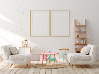 Mock up poster, wall in children bedroom interior background, Scandinavian style, 3D render