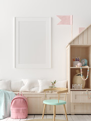 Mock up poster, wall in children bedroom interior background, Scandinavian style, 3D render
