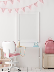 Mock up poster, wall in children bedroom interior background, Scandinavian style, 3D render