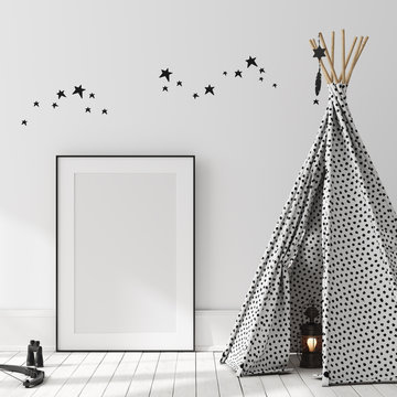Mock up poster, wall in children bedroom interior background, Scandinavian style, 3D render