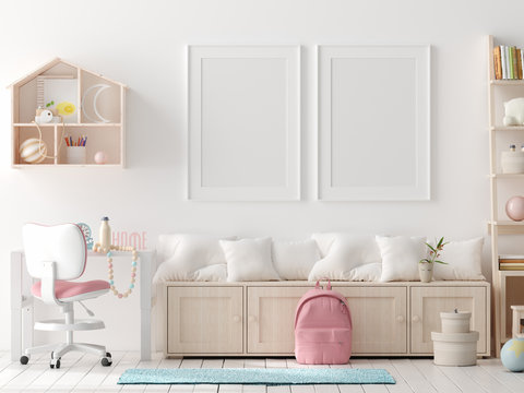 Mock up poster, wall in children bedroom interior background, Scandinavian style, 3D render