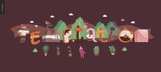 Dessert lettering - Temptation - modern flat vector concept digital illustration of temptation font, sweet lettering and girls. Caramel, toffee, biscuit, waffle, cookie, cream and chocolate letters
