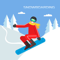 A young athlete snowboarder jumping from the mountain. flat vector illustration isolated