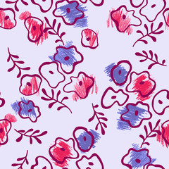 Seamless floral pattern isolated on white. Elegant ornament with abstract plane flowers and branches. Pencil and felt tip pen. Good for fashion prints, bedding, fabric, wallpaper, wrapping.