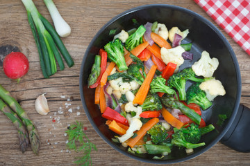 Season vegetables cooking concept, view from above. Healthy vegetarian food, low calories.