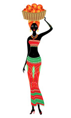 A slender African-American lady. A girl is carrying a basket on her head with apples. The woman is beautiful and young. Vector illustration