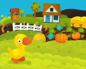 Obraz na płótnie Canvas cartoon happy and funny farm scene with happy duck - illustration for children