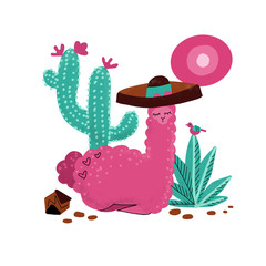 Pink alpaca kid hand drawn vector illustration. Llama or alpaca print clipart design for nursery design, poster, birthday greeting card. Cute Lama lying in sombrero with big cactus, plants,stones, sun