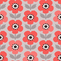 Scandinavian style poppies gray & red vector seamless pattern. - 266207839
