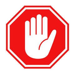 Red stop sign with big hand symbol icon vector illustration - obrazy, fototapety, plakaty