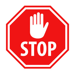 Red stop sign with white hand symbol icon vector illustration - obrazy, fototapety, plakaty