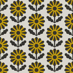 Scandinavian style daisies gray & yellow vector seamless pattern.