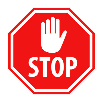 Red stop sign with white hand symbol icon vector illustration