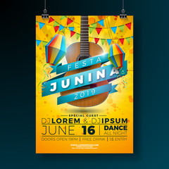 Festa Junina Party Flyer Illustration with Typography Design and Acoustic Guitar. Flags and Paper Lantern on Yellow Background. Vector Brazil June Festival Design for Invitation or Holiday Celebration