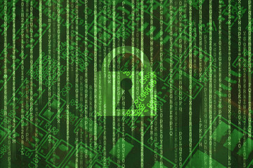 Cyber security access lock on binary matrix green background Internet online data protection.