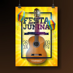 Festa Junina Party Flyer Illustration with Typography Design and Acoustic Guitar. Flags and Paper Lantern on Yellow Background. Vector Brazil June Festival Design for Invitation or Holiday Celebration