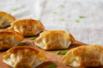 Homemade gyoza on a rustic wooden board, side view. Close-up. Copy space.